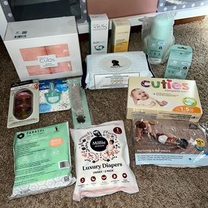 Baby Item Bundle Lot With Diapers, Pacifiers, Burp Cloths, Bottle, Wipes etc